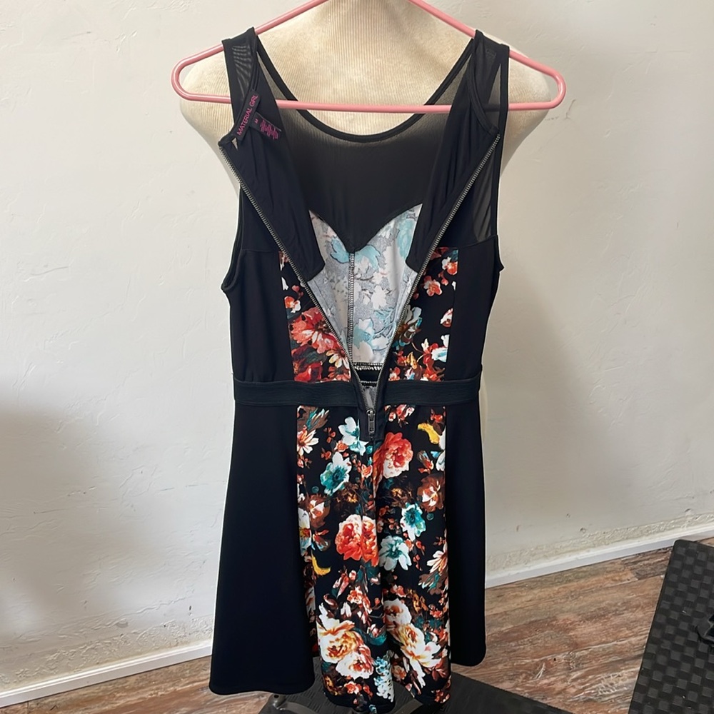 Material Girl floral black dress with mesh in front and back. Flares out - Picture 4 of 8